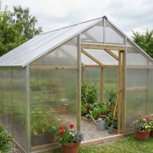 Invernadero exterior con techo de policarbonato transparente y marco de madera, rodeado de plantas y flores en macetas. Planchas de policarbonato permiten la entrada de luz natural.