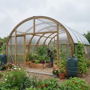 Invernadero de policarbonato con estructura curva de madera, rodeado de un jardín florido y una persona cuidando los cultivos en su interior.