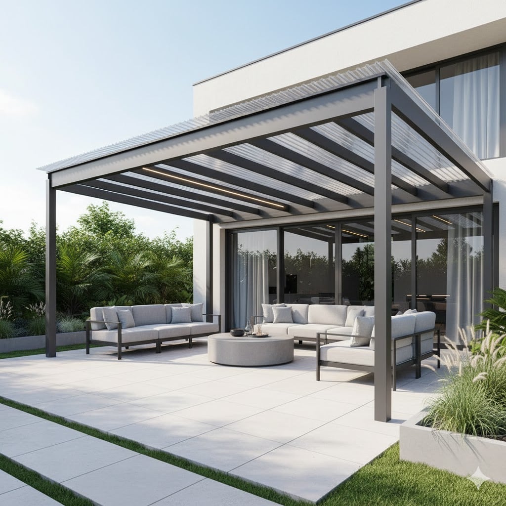 Moderna pérgola de aluminio con cubierta de policarbonato en un patio