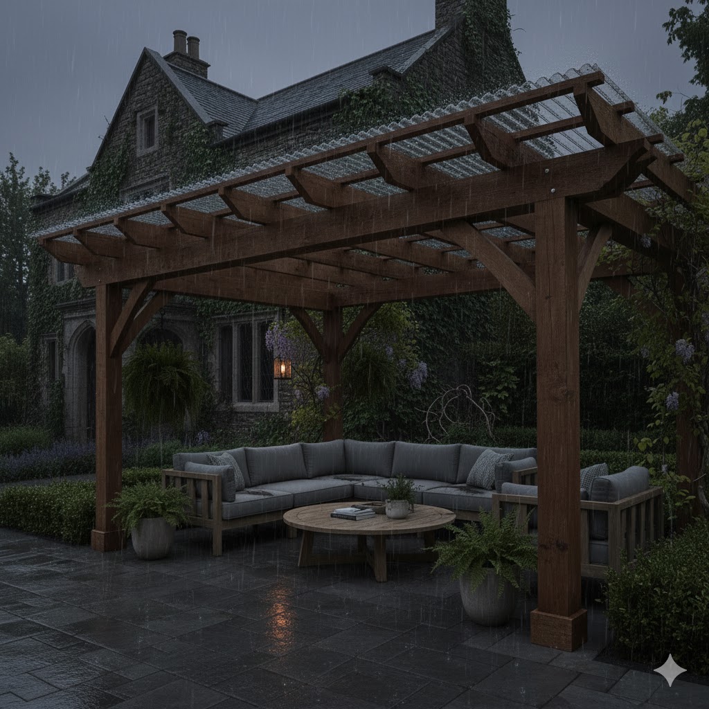 Pérgola de madera con un techo de policarbonato protegiendo de la lluvia