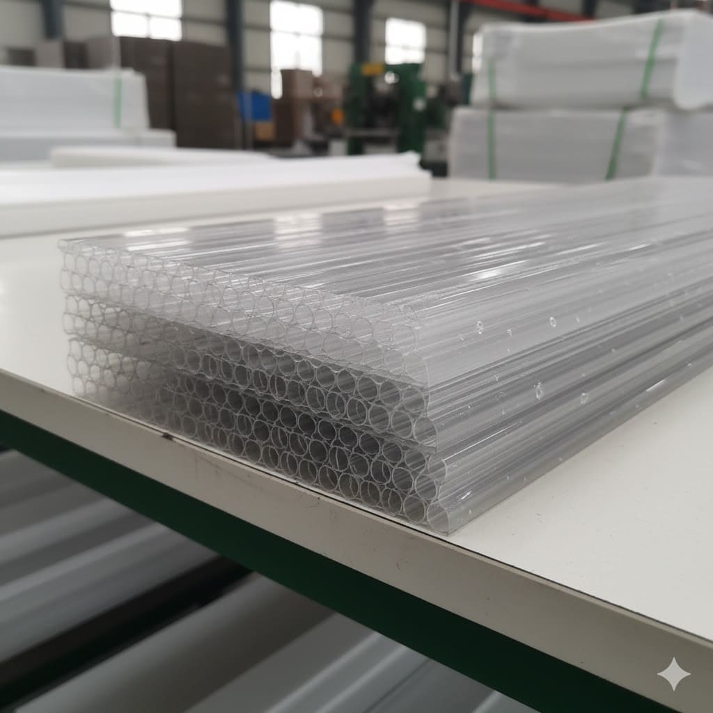 Placas de policarbonato celular apiladas mostrando su estructura interna de celdas.