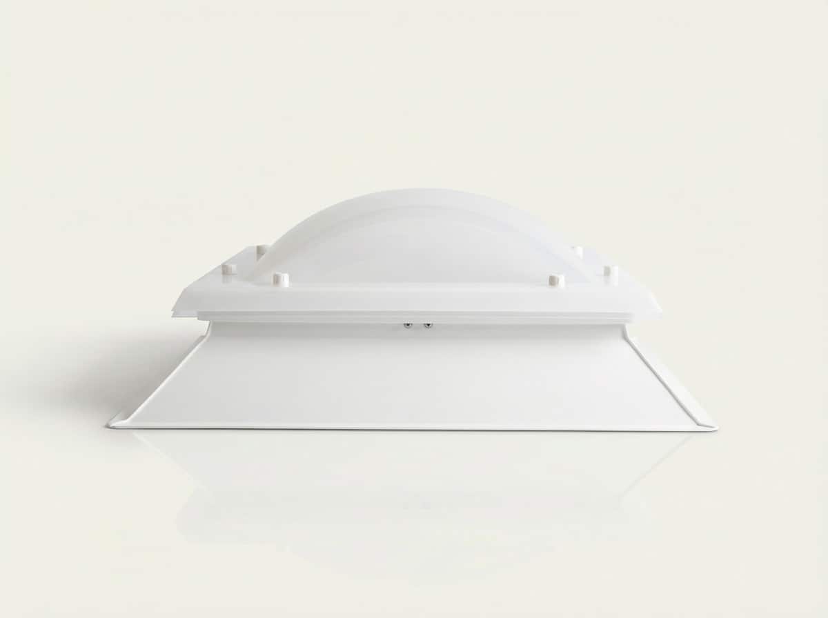 Placa de policarbonato blanca con forma cuadrada y cúpula semiesférica en la parte superior, superficie lisa y acabo mate. Claraboya bivalva.