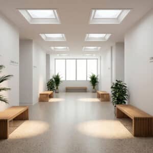 Sala de espera con estilo minimalista, suelo de terrazzo y paredes blancas. Cuenta con varias claraboyas cuadradas que proporcionan luz natural, además de bancas de madera y plantas.