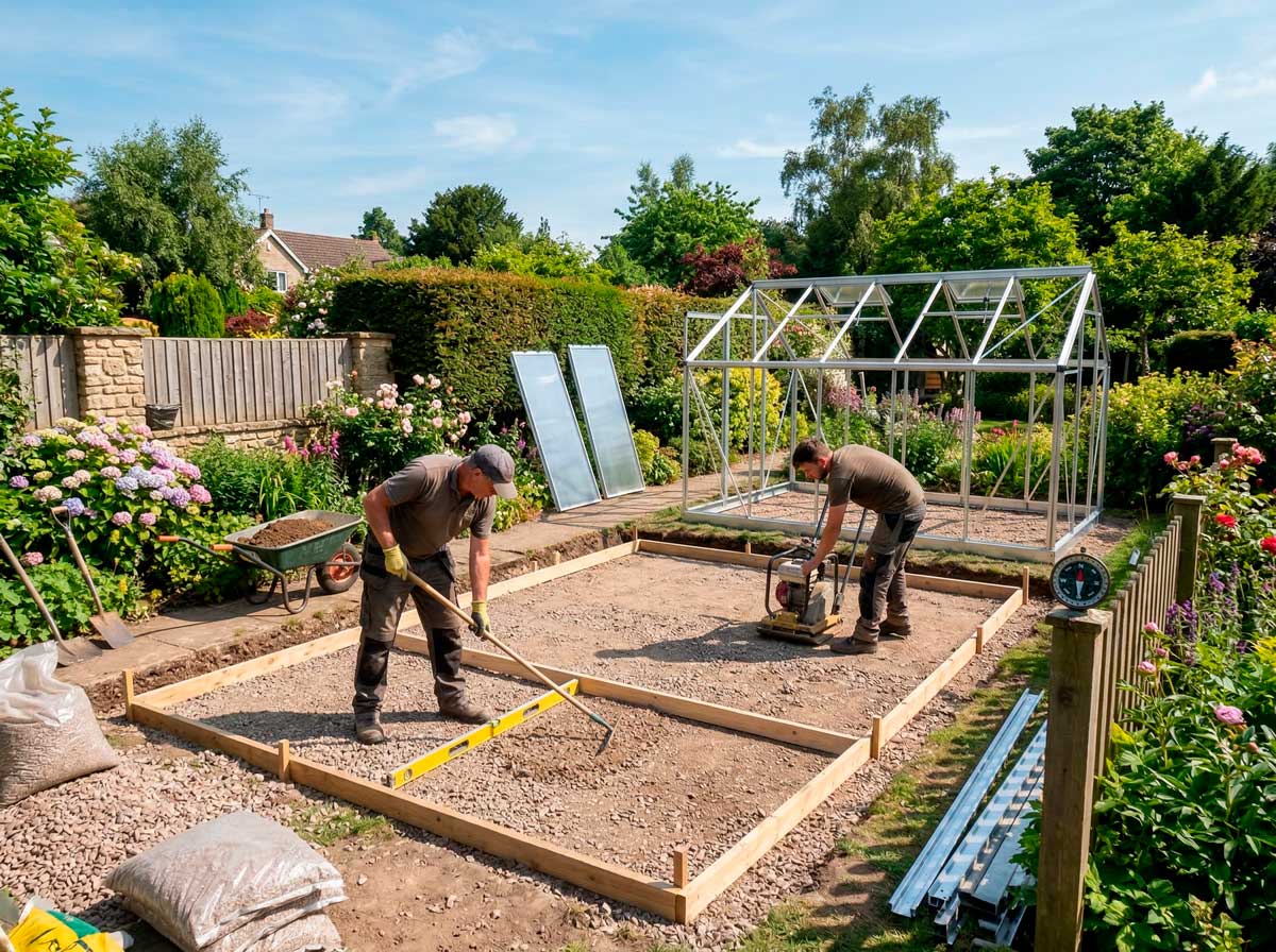Preparación del terreno y orientación de un invernadero de policarbonato en jardín