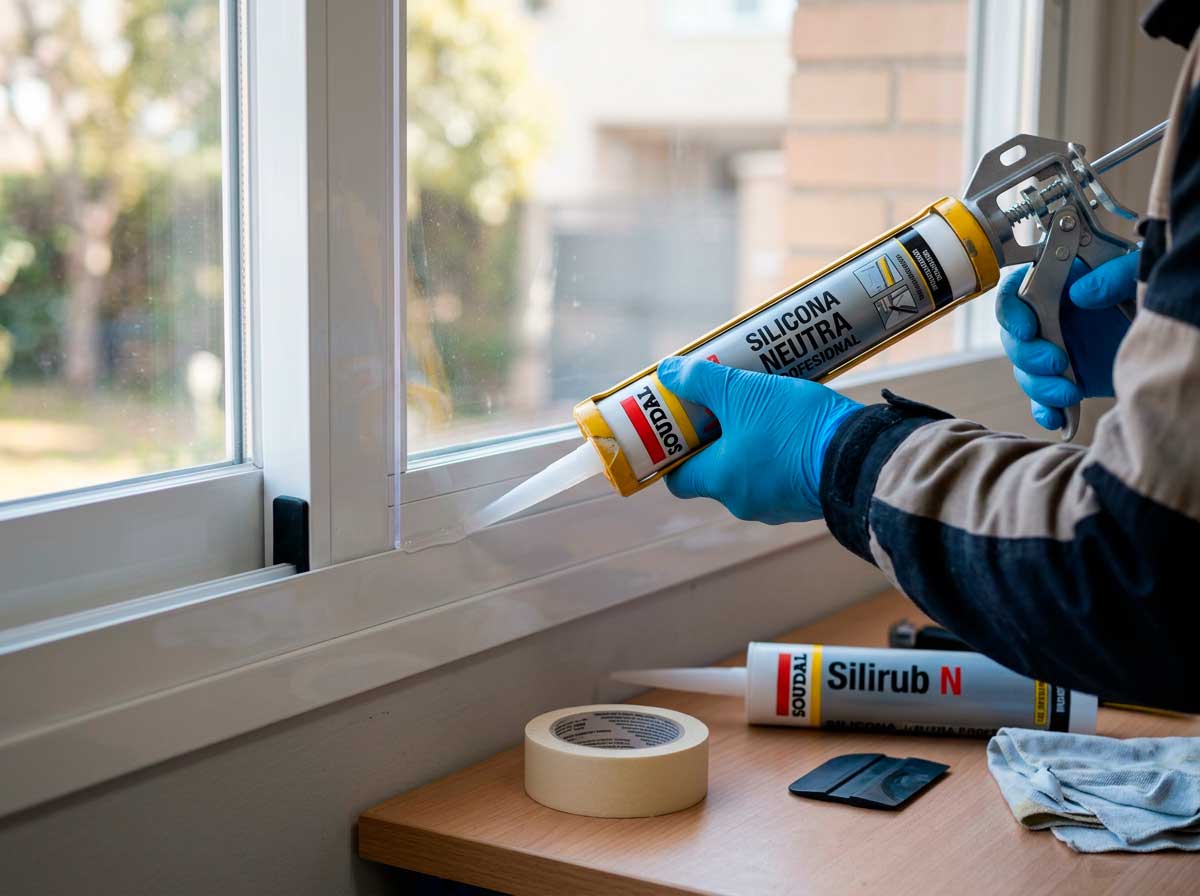 Aplicación de silicona neutra compatible en un marco de ventana con placa de policarbonato