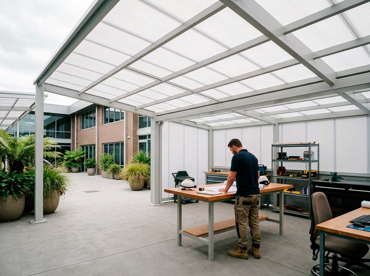 Cubierta de policarbonato blanco opal con luz difusa y confort visual