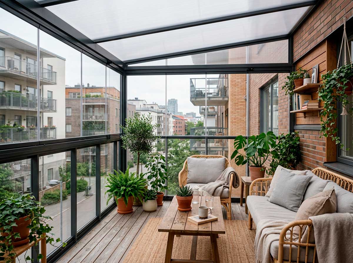 Cerramiento de terraza con policarbonato para reducir ruido de tráfico y lluvia