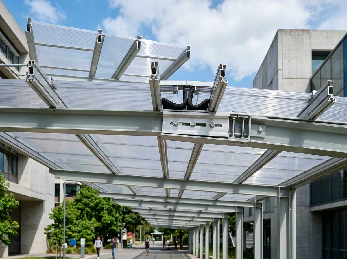 Cubierta de policarbonato instalada sobre estructura con dilatación térmica controlada
