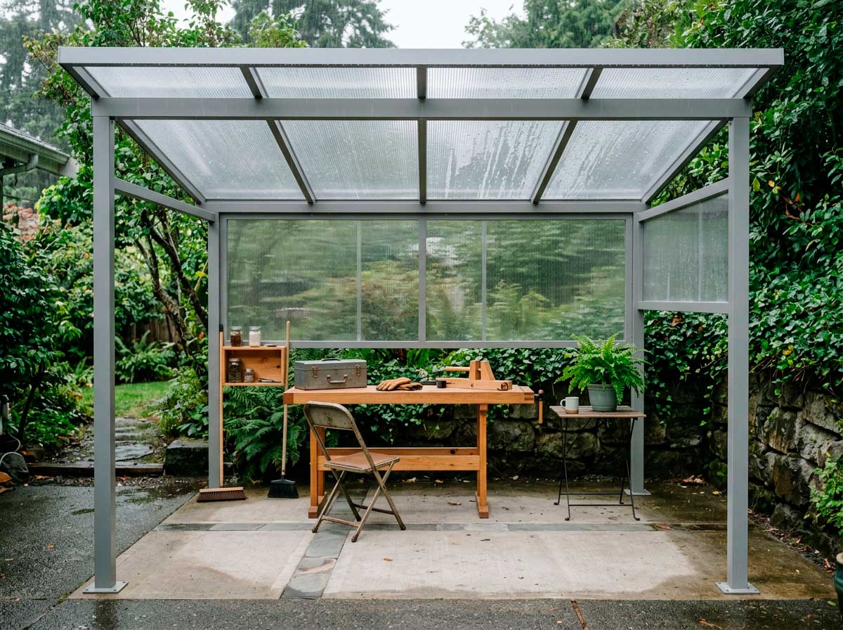 Cubierta de policarbonato sobre patio o zona de trabajo con mejor aislamiento acústico