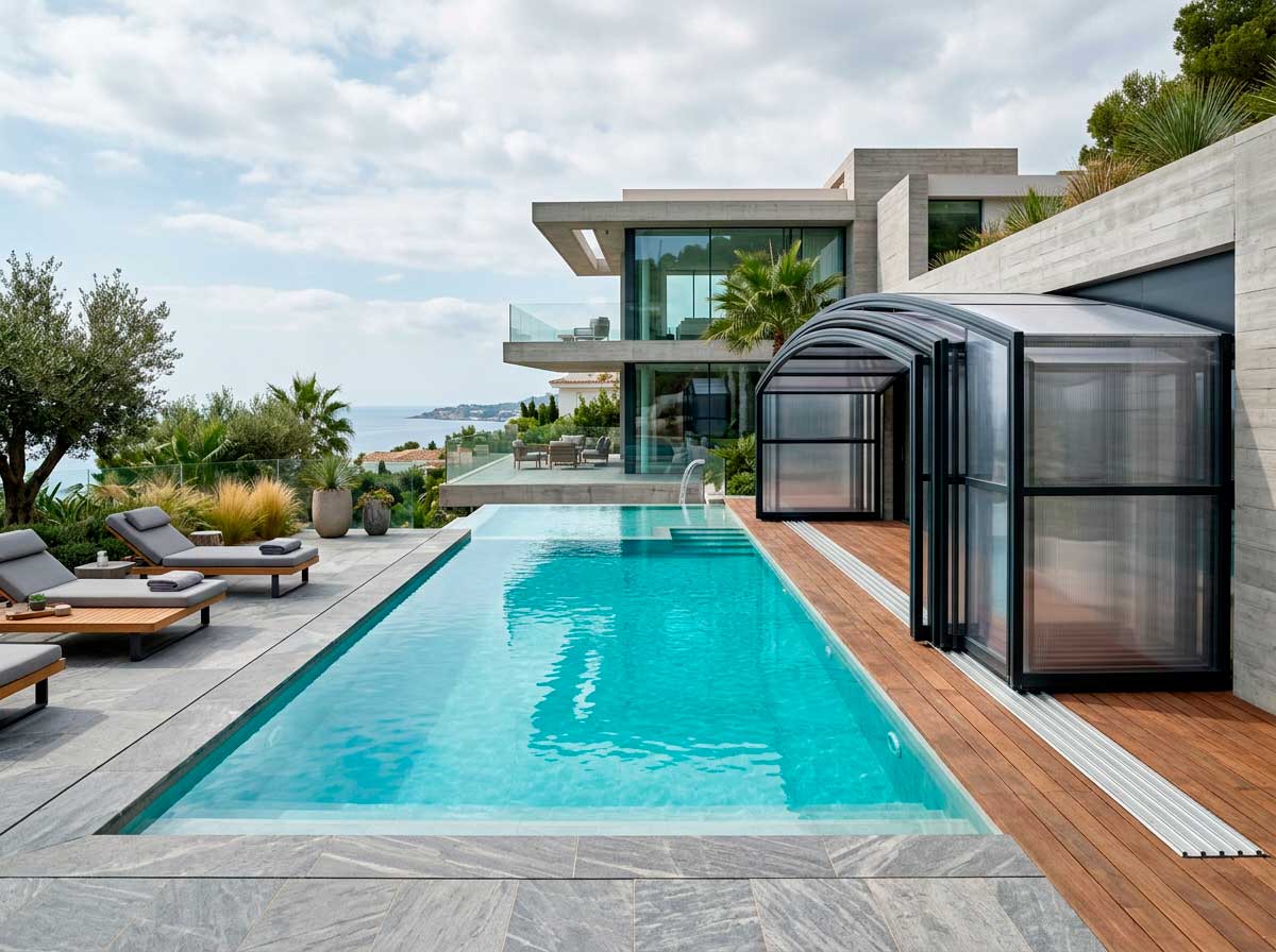 Cubierta deslizante de policarbonato retirada sobre raíles junto a una piscina moderna