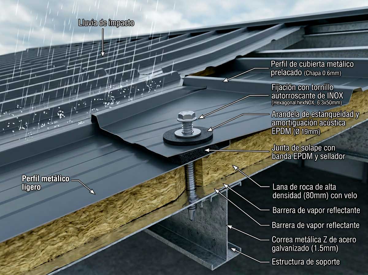 Detalle de instalación de cubierta ligera con juntas y fijaciones para reducir ruido de lluvia