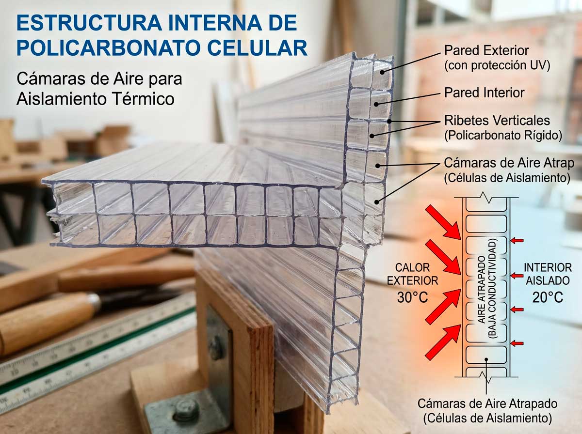 Estructura interna de policarbonato celular mostrando cámaras de aire para aislamiento