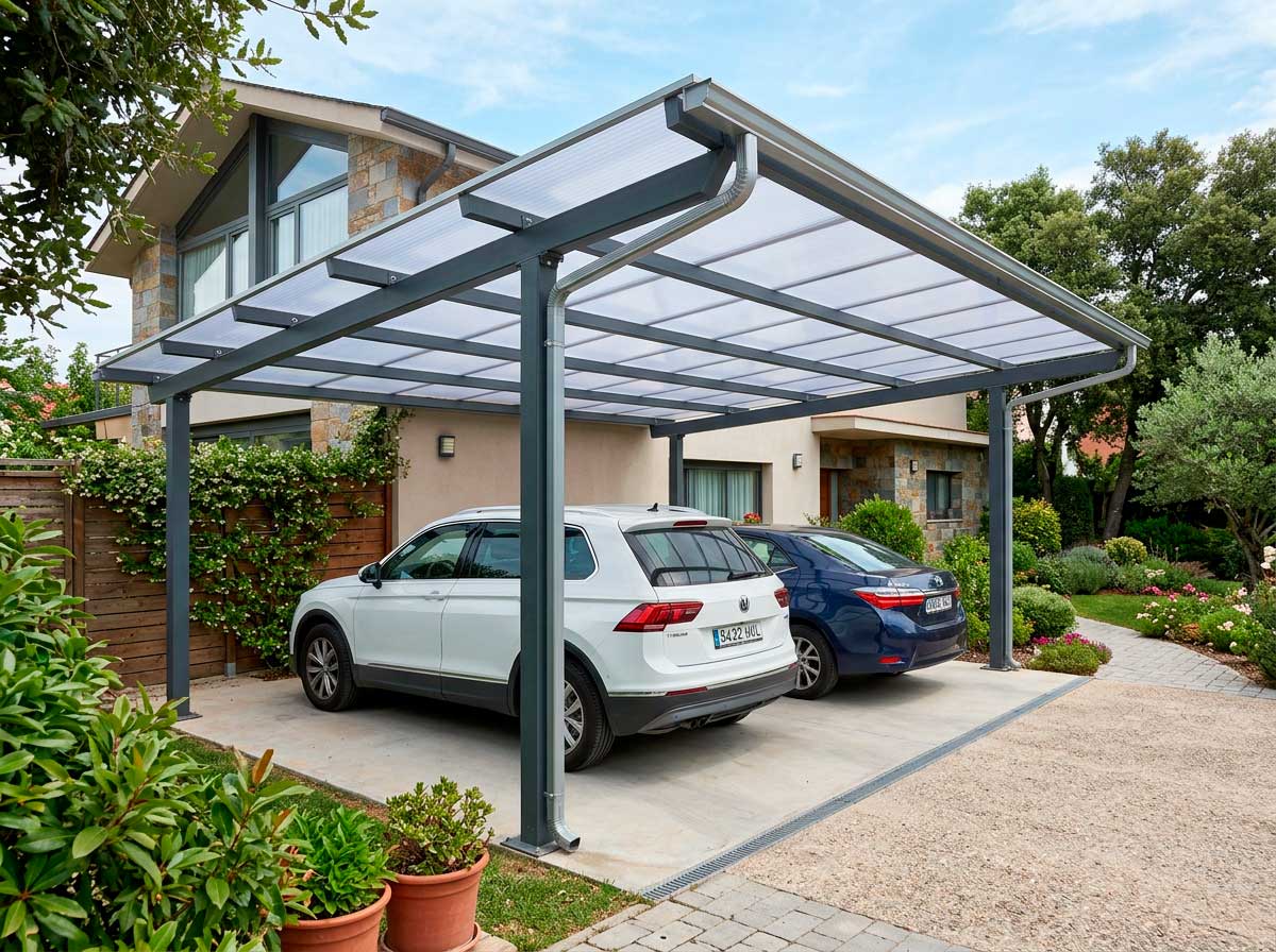 Garaje cubierto con techo de policarbonato resistente a la intemperie