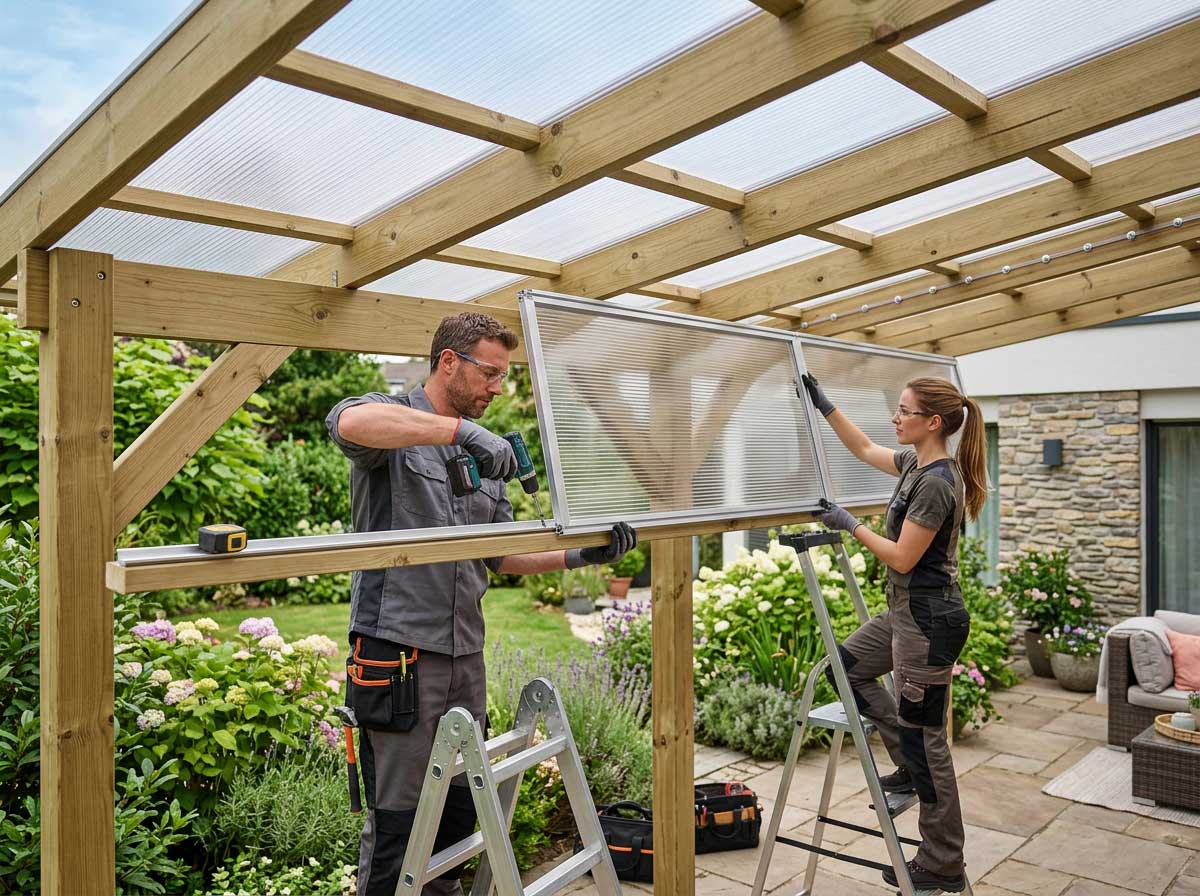 Instalación de placas de policarbonato en pérgola exterior con perfiles y fijaciones