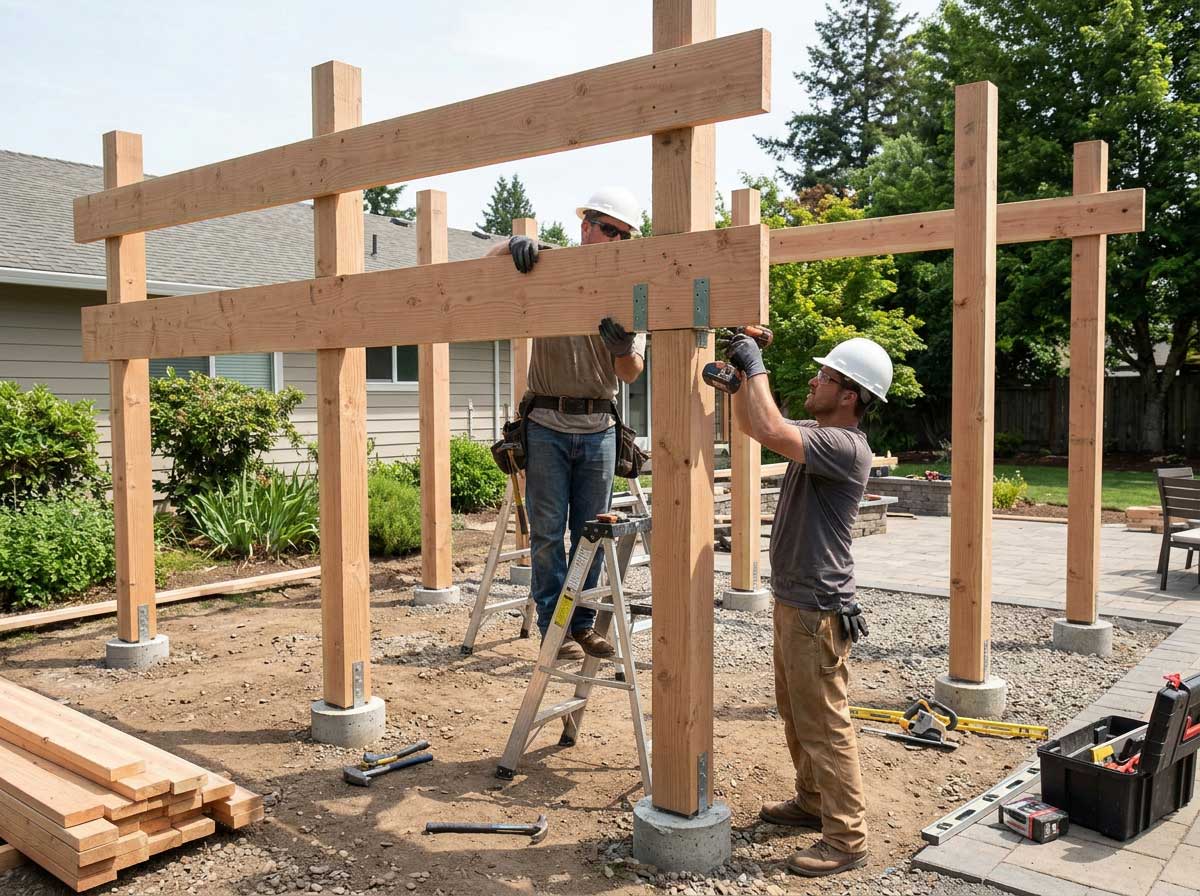 Montaje de estructura de pérgola con postes y vigas en exterior