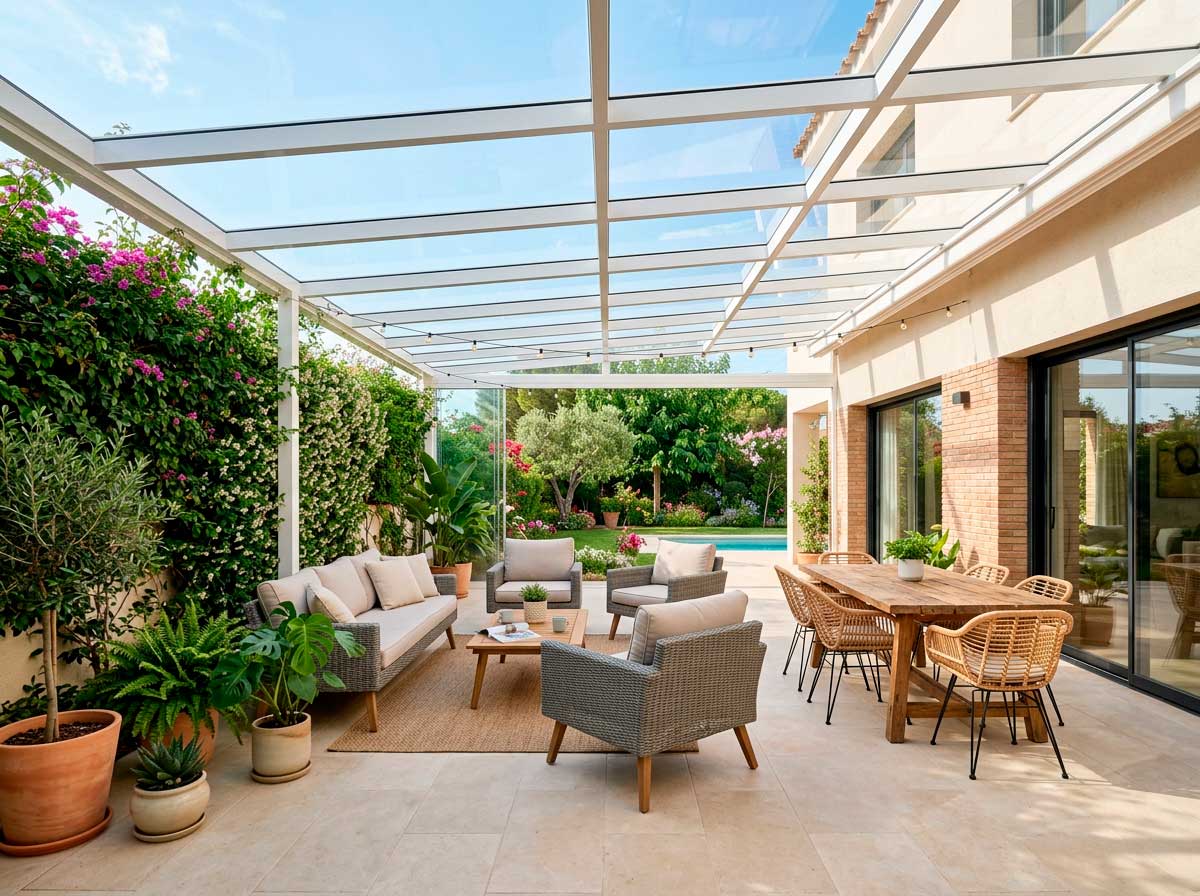 Patio cubierto con techo de metacrilato transparente de aspecto limpio y gran luminosidad