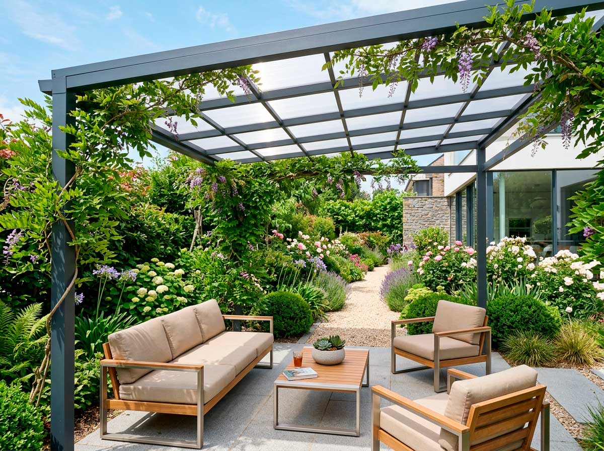 Pérgola de jardín con placas de policarbonato translúcido para crear sombra luminosa en verano