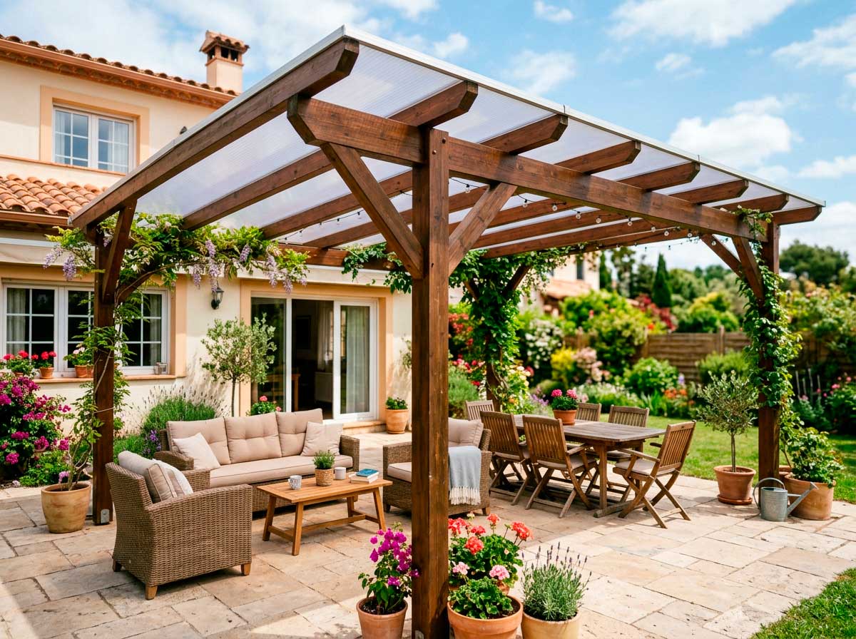 Pérgola exterior con techo de policarbonato translúcido sobre terraza residencial