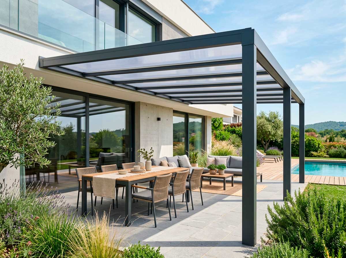 Pérgola moderna con policarbonato compacto transparente y acabado elegante