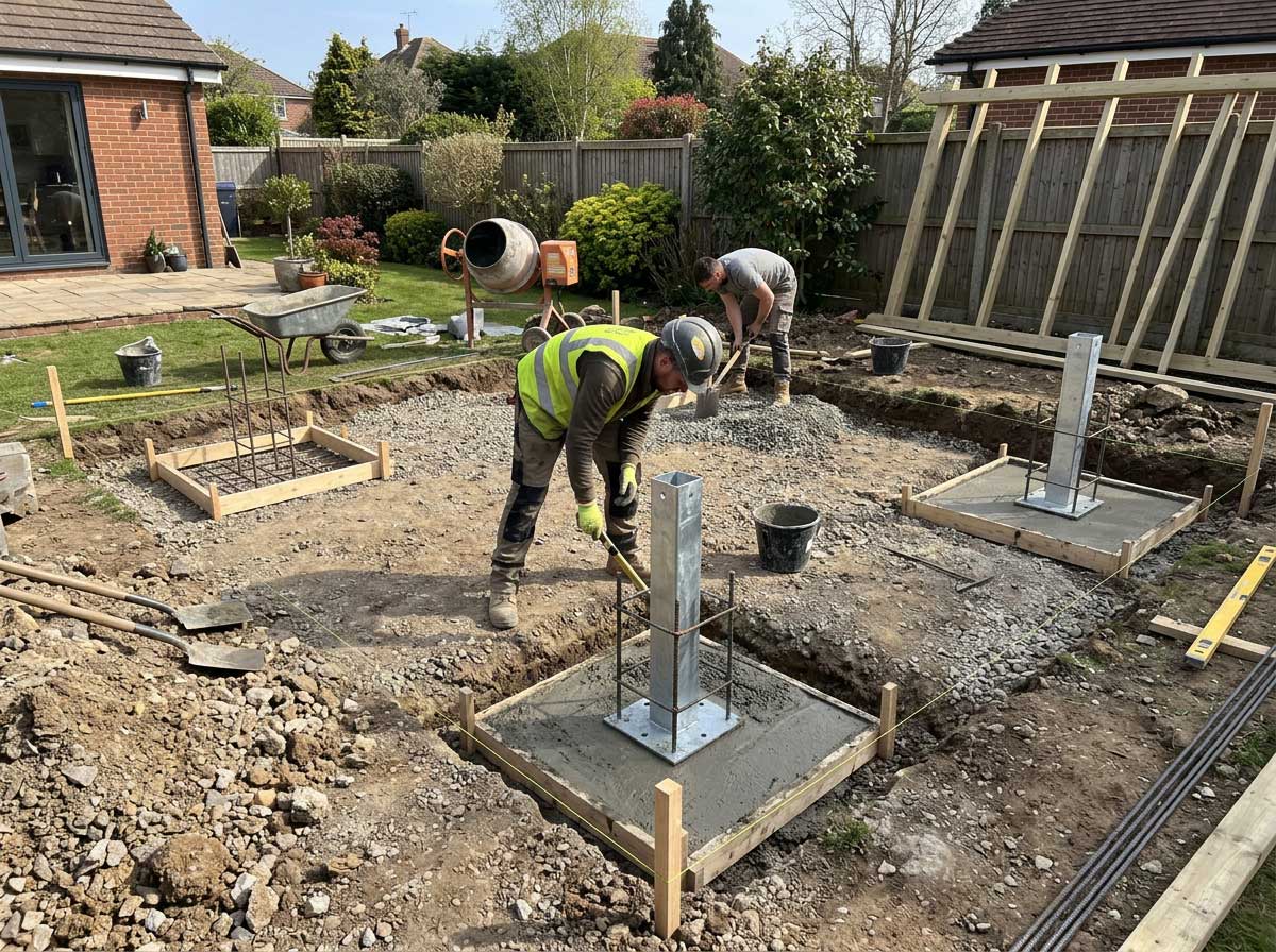 Preparación del terreno para instalar una pérgola con anclajes y cimentación