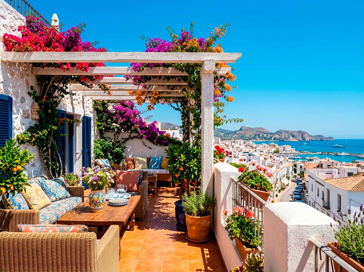 Pérgola adosada a fachada en terraza de ático con pared de castillete