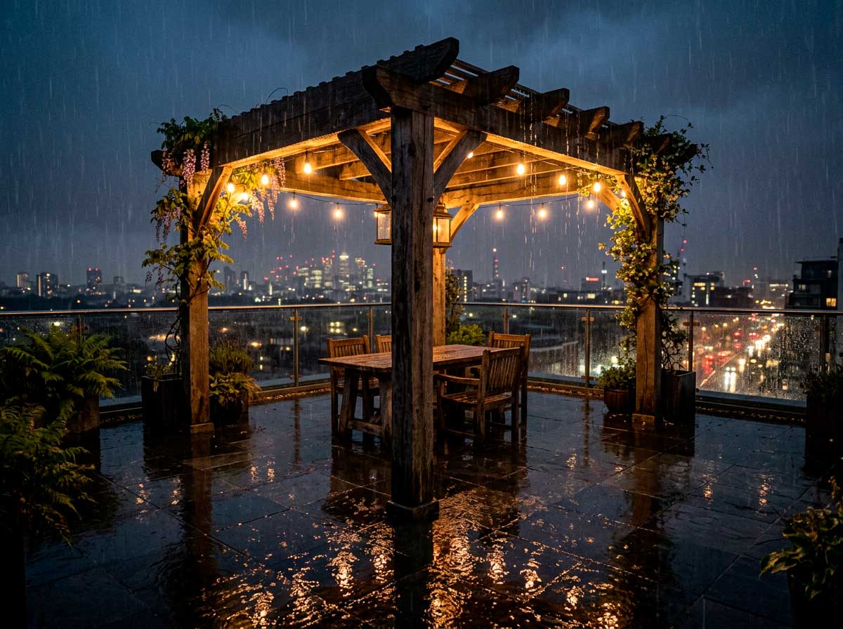 Pérgola aislada de cuatro pilares en terraza amplia de ático