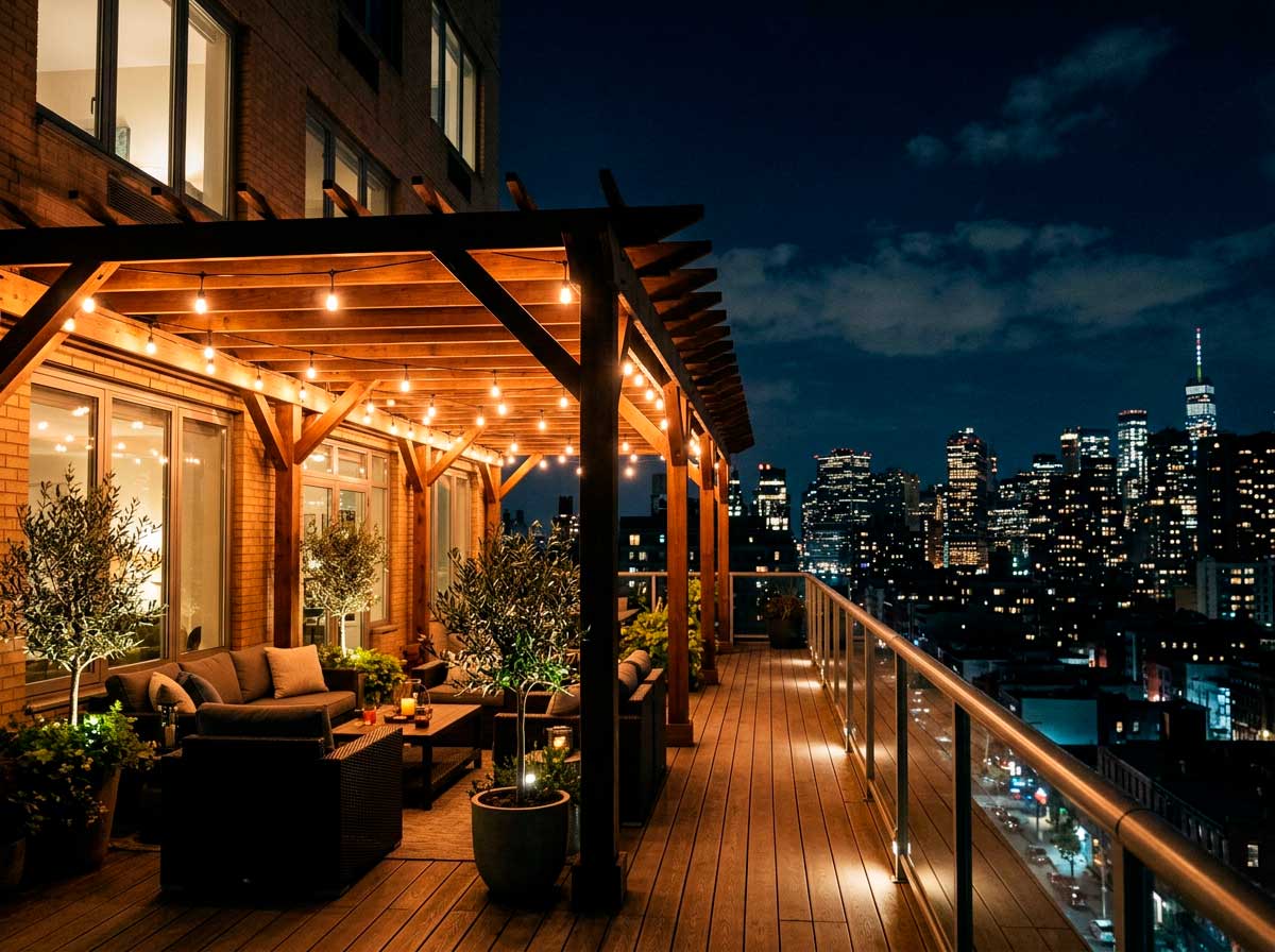 Vista lateral de pérgola adosada en terraza de ático urbano